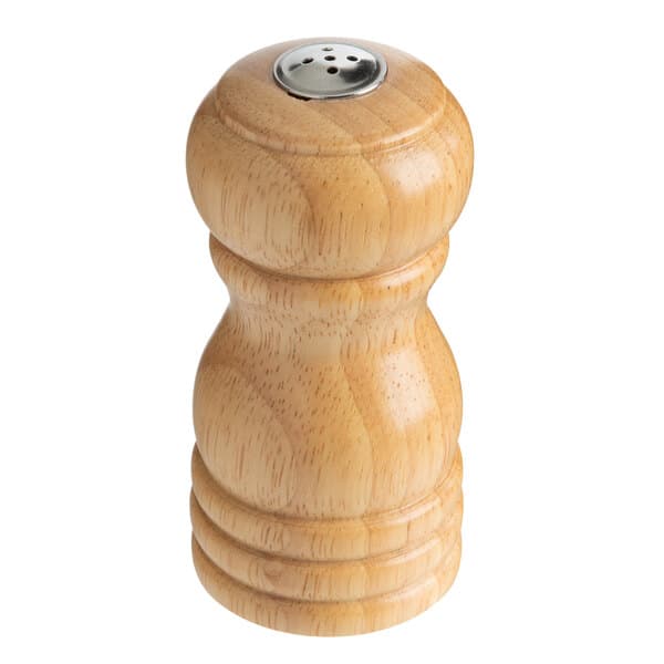 An Acopa wooden salt shaker with a silver top.