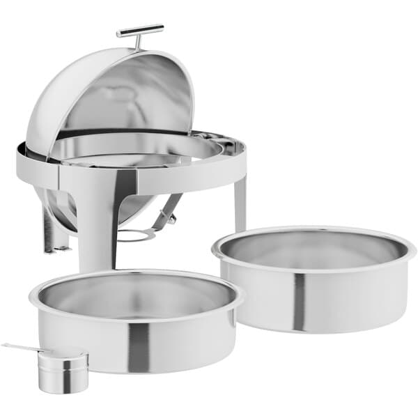 A stainless steel Acopa Supreme round chafing dish with a chrome accent.