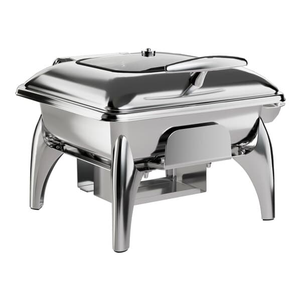 An Acopa stainless steel chafer with a glass lid on a stand.