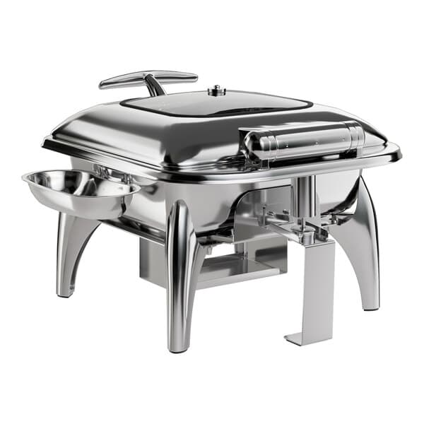 An Acopa stainless steel chafer with a glass lid on a stand.
