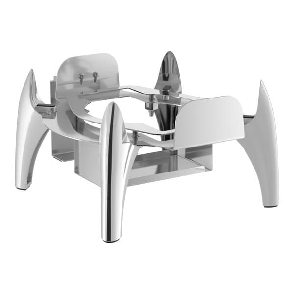 A silver metal Acopa Voyage chafer stand with legs.
