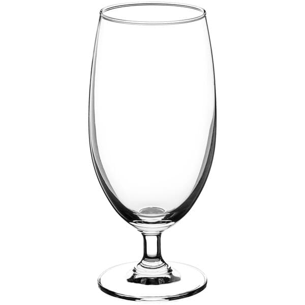 An Acopa stemmed iced tea glass with a small stem and base on a white background.