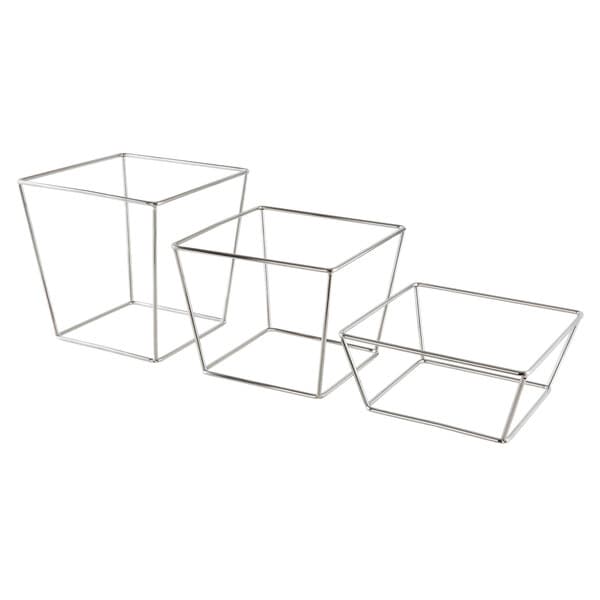 A group of square metal containers on a metal wire frame.