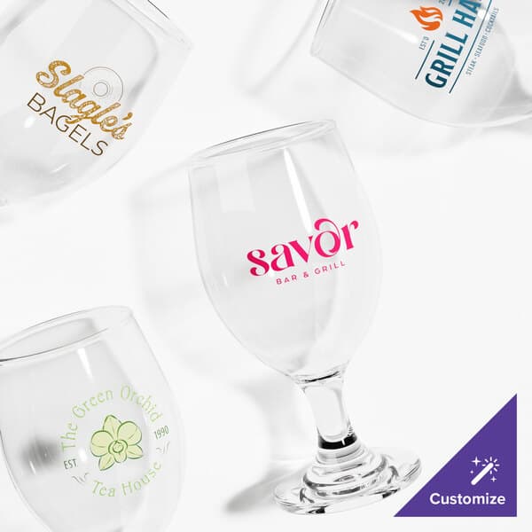 A customizable 14 oz. glass goblet featuring various sample logos and designs.