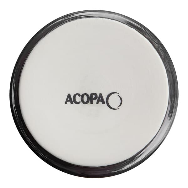 A white frisbee with the black text "Acopa" on it.
