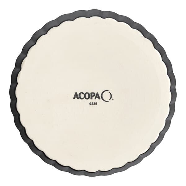 A round, white porcelain souffle or creme brulee dish with a scalloped black rim and the brand name 'Acopa' printed on the bottom.