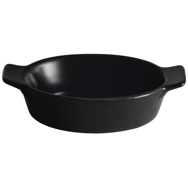 An Acopa Keystone black stoneware mini rarebit dish with handles.
