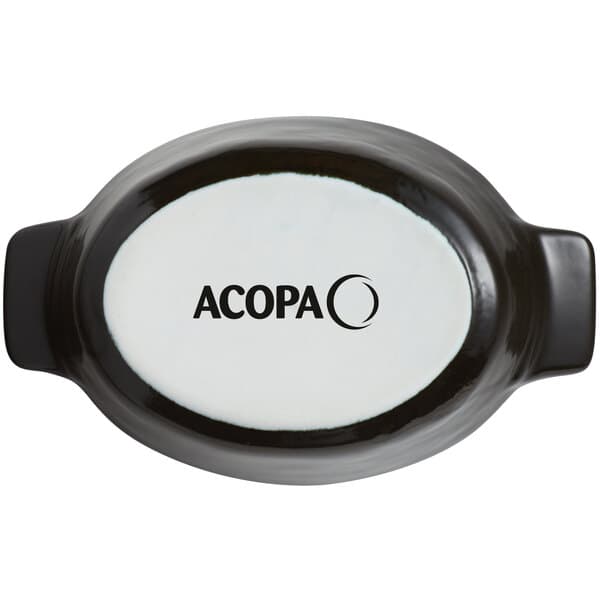 A black and white Acopa stoneware dish with black text.