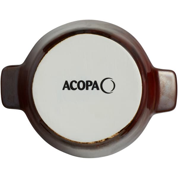 A brown and white Acopa stoneware mini casserole dish with handles.