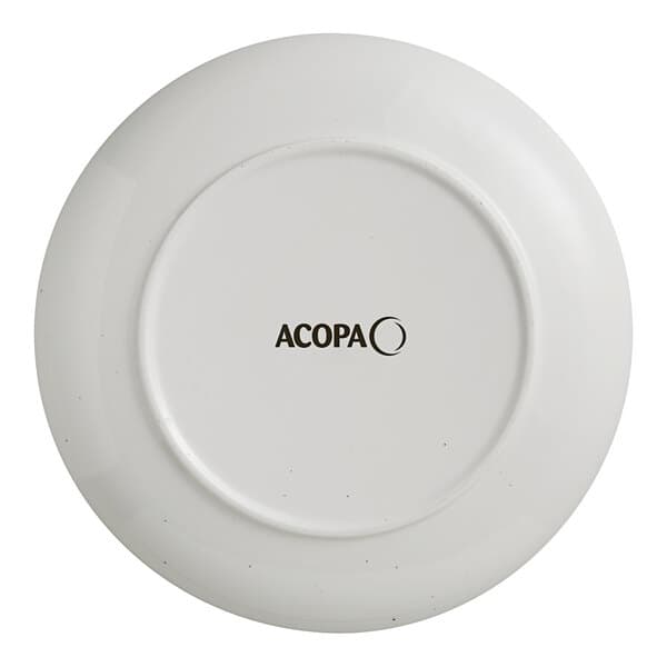 A white Acopa stoneware coupe plate with black text that says Acopa.