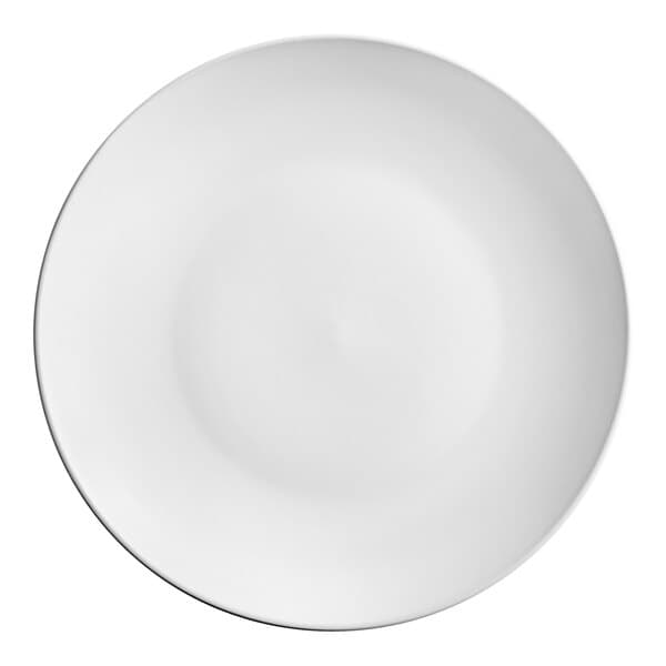 An Acopa matte white stoneware coupe plate with a white border.