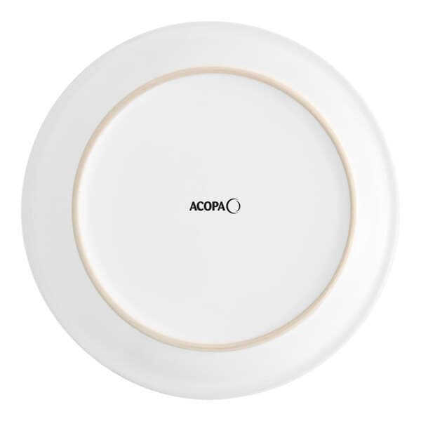 A white Acopa stoneware plate with a narrow brown rim.