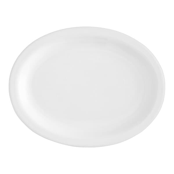 An Acopa bright white narrow rim oval stoneware platter on a white background.