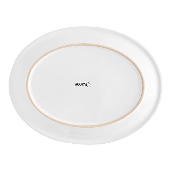 An Acopa bright white oval stoneware platter with a brown rim.