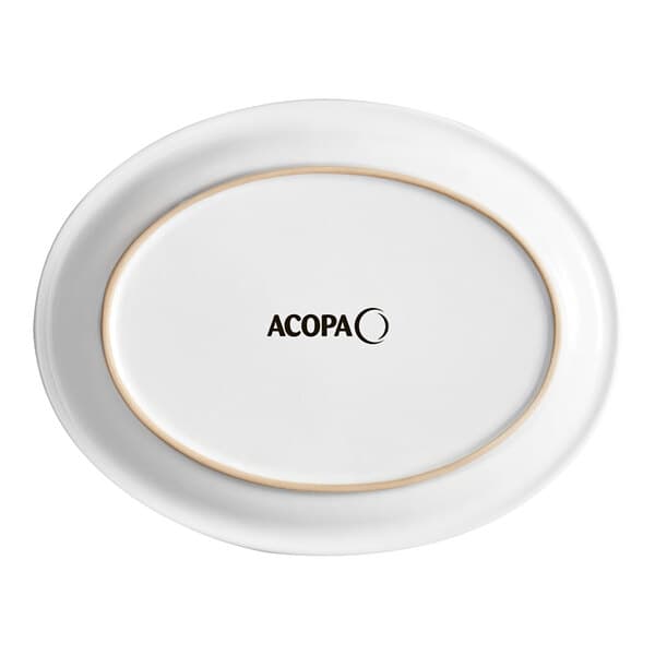 An Acopa bright white oval stoneware platter with a narrow rim.