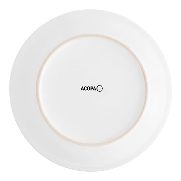An Acopa white stoneware plate with black text that reads "Vox"