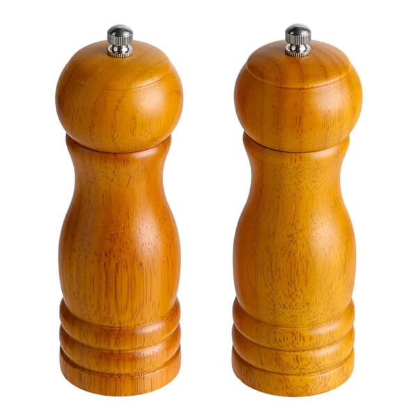 A set of two wooden Acopa salt and pepper mills with metal tops.
