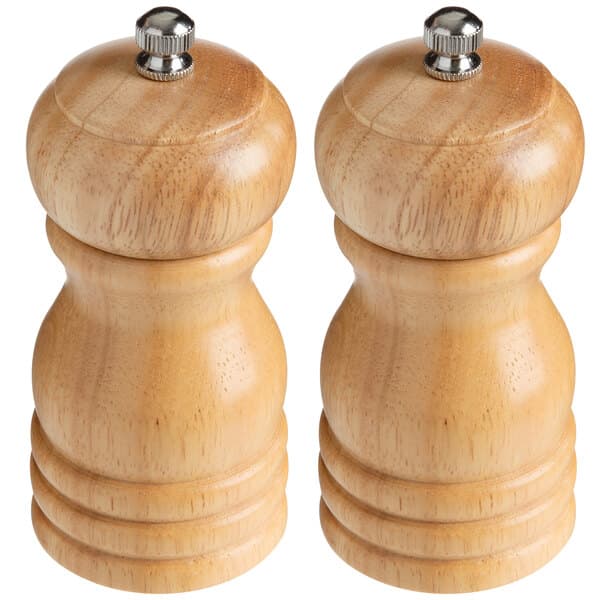Two Acopa wooden salt and pepper mills with metal caps.