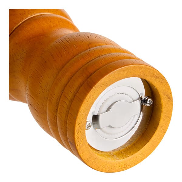 A close up of an Acopa matte brown wooden pepper mill.