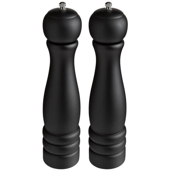 Two Acopa matte black wooden salt and pepper mills.