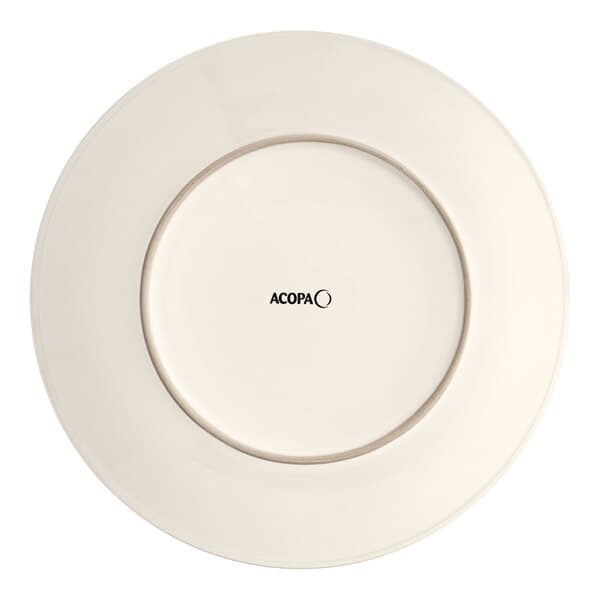 An Acopa ivory stoneware plate with black text on it.