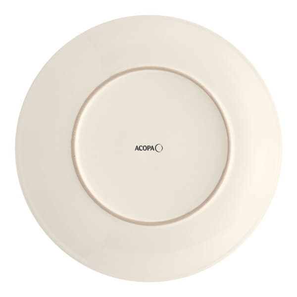 An Acopa ivory stoneware plate with a black circle in the middle.
