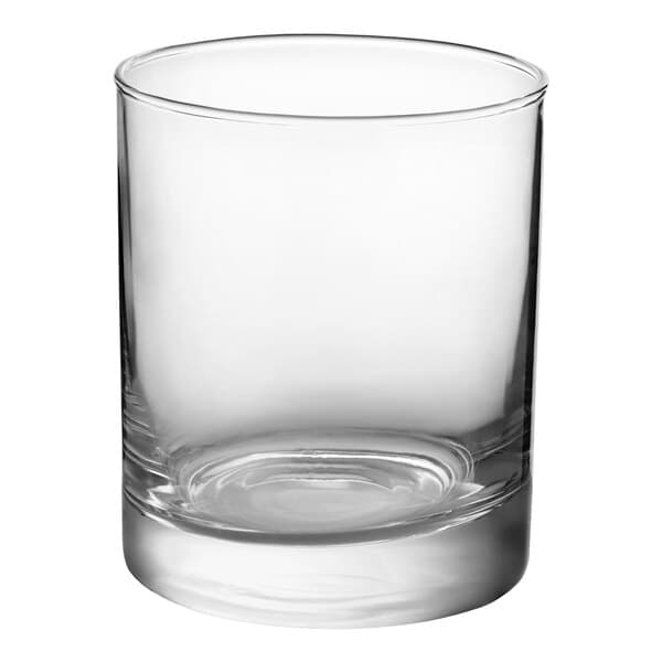 A clear, cylindrical 12 oz. rocks or double old fashioned glass.