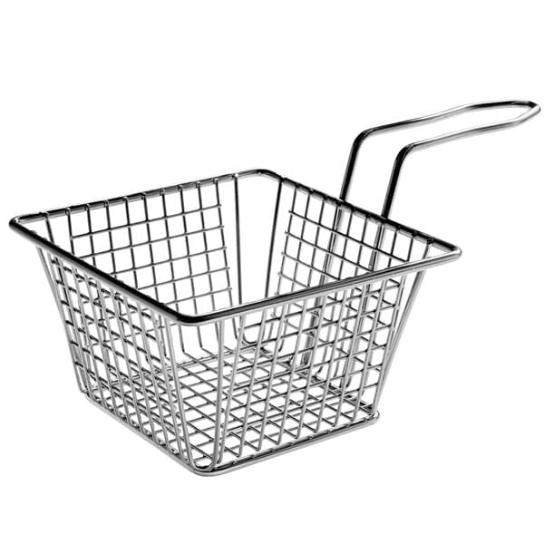 An Acopa chrome wire mini fry basket with a handle.