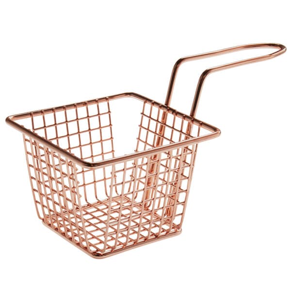 A rose gold square mini fry basket with a handle.