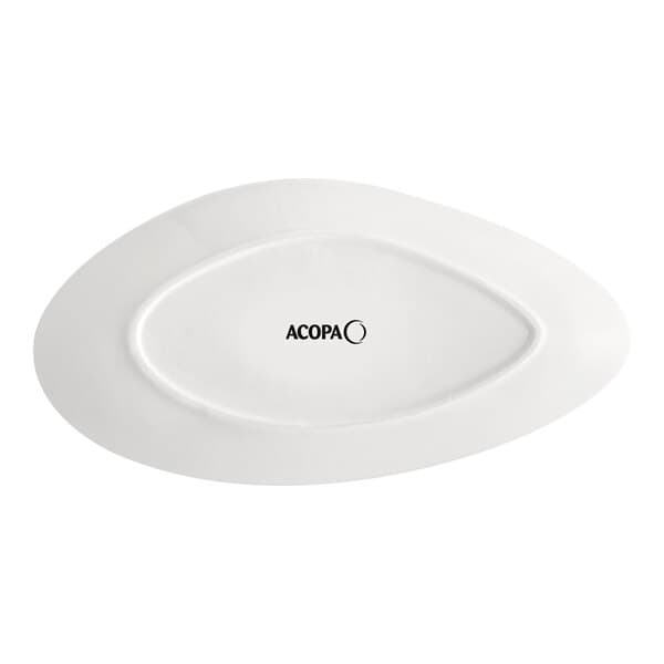 A white oval shaped plate with the word Acopa in black text.