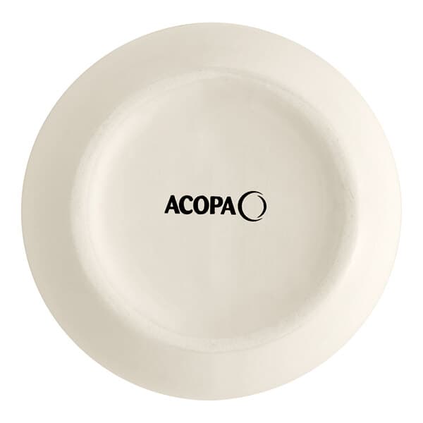 An ivory stoneware bowl with black text that says "Acopa"