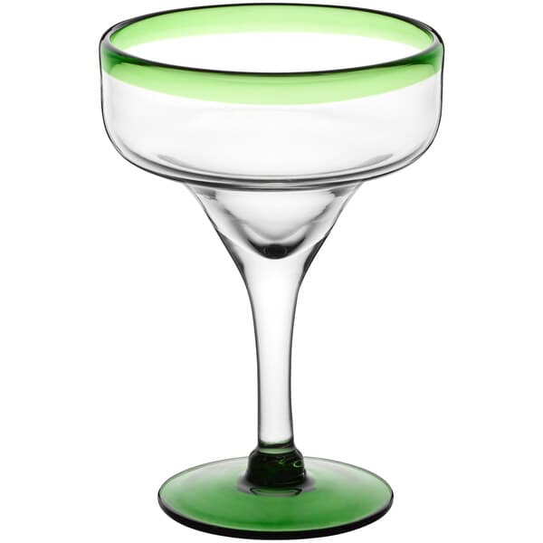 An Acopa Tropic margarita glass with a green rim and base.
