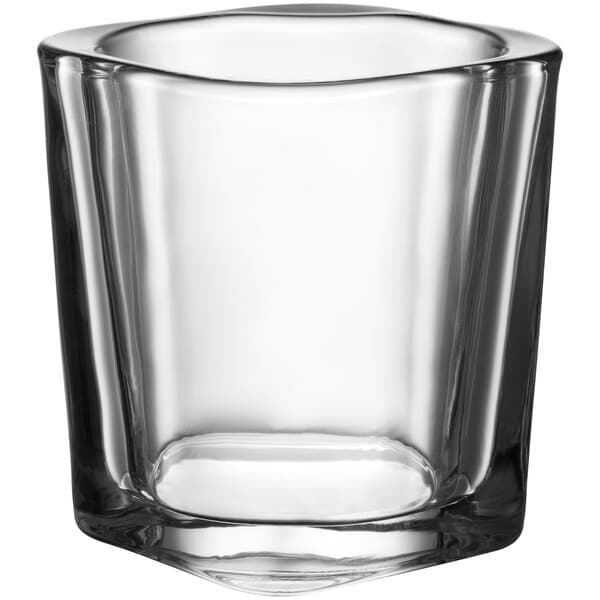 An Acopa clear glass square shot glass.