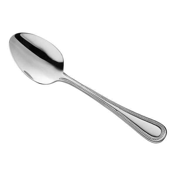 An Acopa Lydia stainless steel dinner/dessert spoon with a beaded design on the handle.