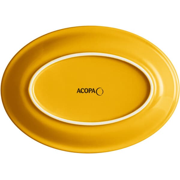 An oval mango orange stoneware platter with a white border.