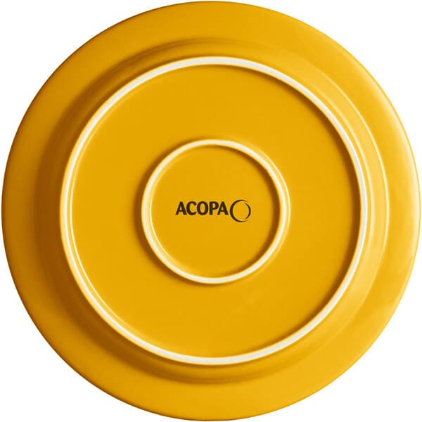 A mango orange stoneware plate with a white border and the word Acopa in black.