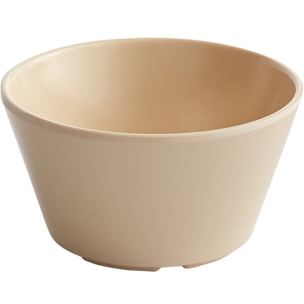 An Acopa Foundations tan melamine bouillon cup with a white background.