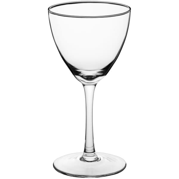 An Acopa Nick and Nora glass with a clear rim and stem.
