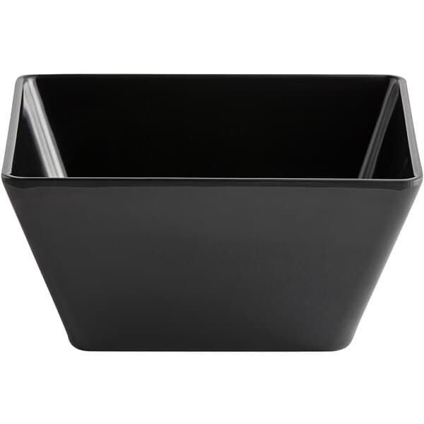 An Acopa Rittenhouse black square melamine bowl with a white background.
