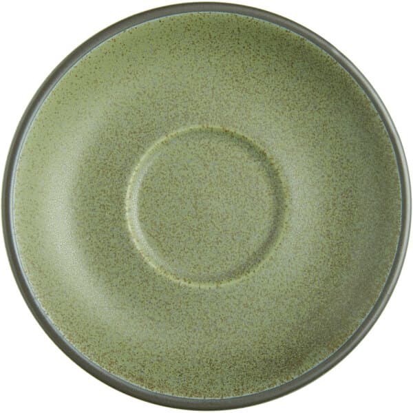A close-up of an Acopa Embers Moss Green Matte stoneware saucer with a round center.