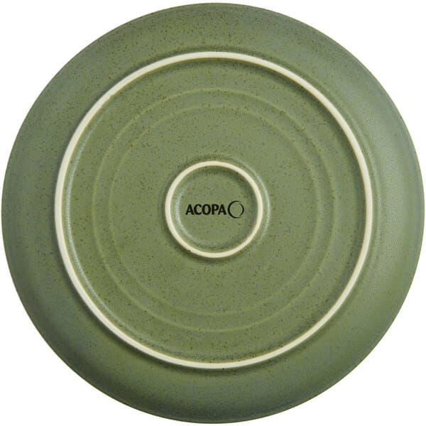 A close-up of an Acopa Moss Green Matte stoneware plate with a circular design in white.