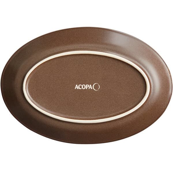A brown Acopa stoneware platter with a white border.