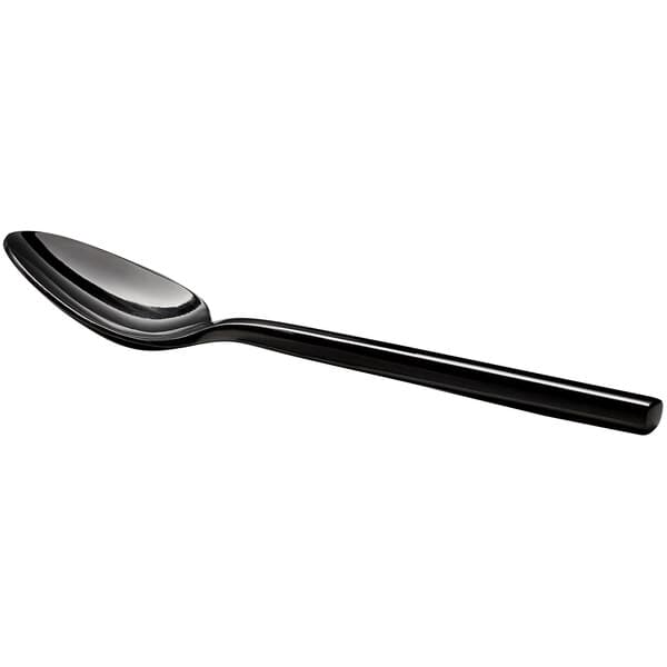 An Acopa Phoenix stainless steel teaspoon with a black handle.