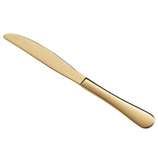 An Acopa Vernon gold stainless steel dinner knife with a handle.