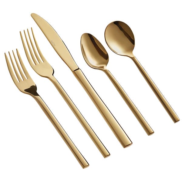 Acopa Phoenix gold flatware set with a gold spoon, fork, and knife.
