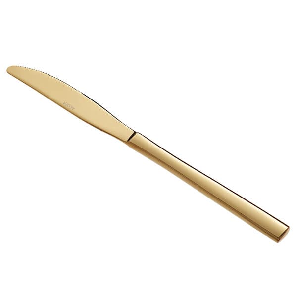 An Acopa Phoenix stainless steel dinner knife with a gold finish.