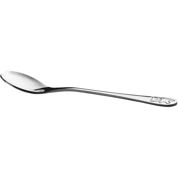 An Acopa stainless steel teaspoon with a bear design on the handle.