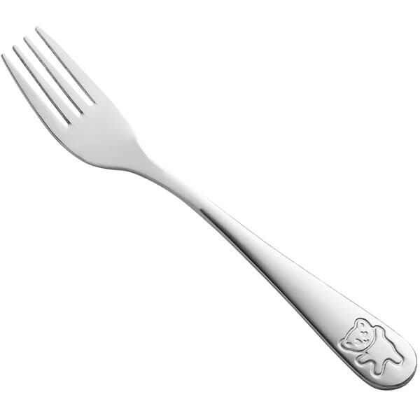 An Acopa stainless steel dinner fork with a bear design on the handle.
