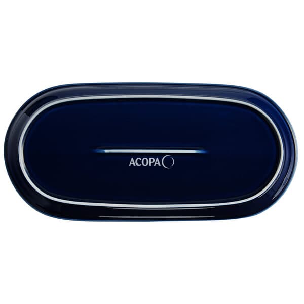 An Acopa Azora Blue stoneware oblong coupe platter with white text on the packaging.
