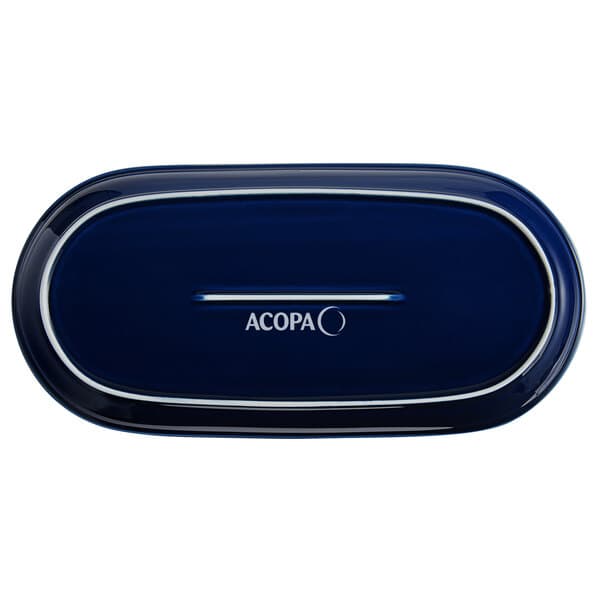 An Acopa Azora Blue stoneware oblong coupe platter with white text on a blue box.